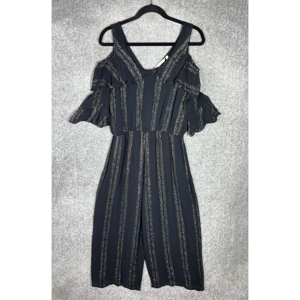 Soft Surroundings Jumpsuit Womens Sz PM Black Gauze Metallic Strip Cold Shoulder